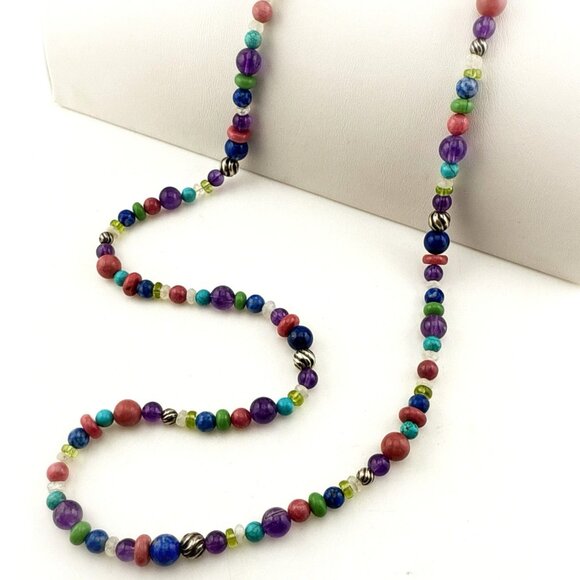 Carolyn Pollack Necklace Multi Gem Turquoise Lapis Amethyst Rhodonite Beaded 925 - Picture 1 of 12